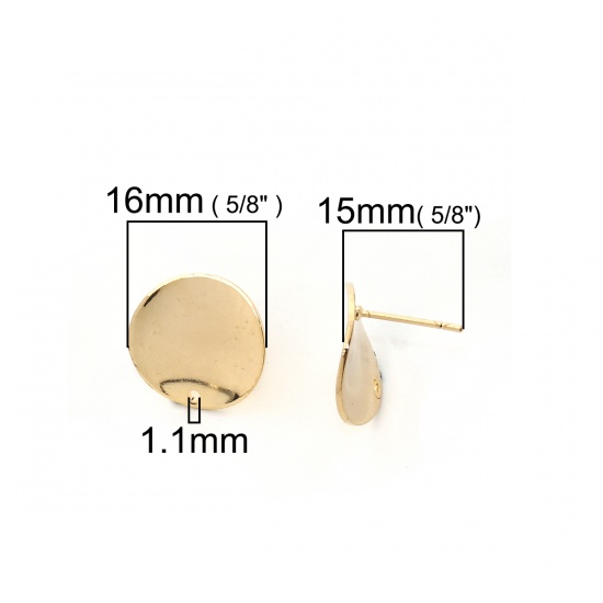 Picture of Brass Ear Post Stud Earrings 18K Real Gold Plated Round 16mm( 5/8") x 16mm( 5/8"), Post/ Wire Size: (20 gauge), 4 PCs