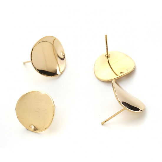 Picture of Brass Ear Post Stud Earrings 18K Real Gold Plated Round 16mm( 5/8") x 16mm( 5/8"), Post/ Wire Size: (20 gauge), 4 PCs