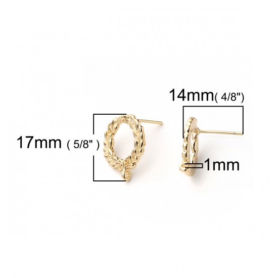 Picture of Brass Ear Post Stud Earrings 18K Real Gold Plated Circle Ring W/ Loop 17mm( 5/8") x 15mm( 5/8"), Post/ Wire Size: (20 gauge), 4 PCs