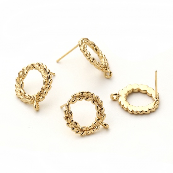 Picture of Brass Ear Post Stud Earrings 18K Real Gold Plated Circle Ring W/ Loop 17mm( 5/8") x 15mm( 5/8"), Post/ Wire Size: (20 gauge), 4 PCs