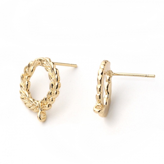 Picture of Brass Ear Post Stud Earrings 18K Real Gold Plated Circle Ring W/ Loop 17mm( 5/8") x 15mm( 5/8"), Post/ Wire Size: (20 gauge), 4 PCs