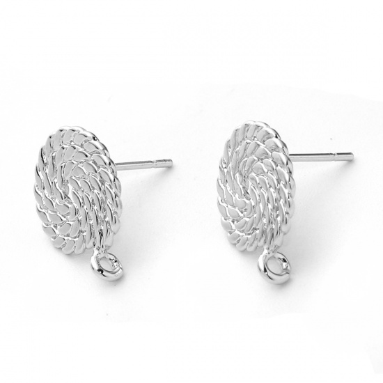 Picture of Brass Ear Post Stud Earrings Real Platinum Plated Round Spiral 15mm( 5/8") x 12mm( 4/8"), Post/ Wire Size: (20 gauge), 4 PCs