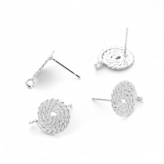 Picture of Brass Ear Post Stud Earrings Real Platinum Plated Round Spiral 15mm( 5/8") x 12mm( 4/8"), Post/ Wire Size: (20 gauge), 4 PCs