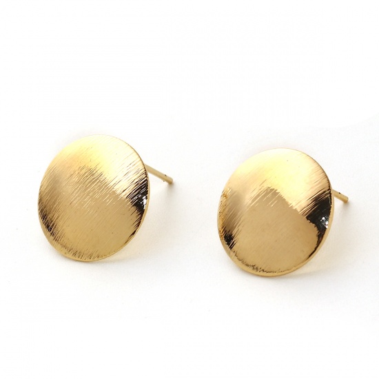 Picture of Brass Ear Post Stud Earrings 18K Real Gold Plated Round W/ Loop Drawbench 15mm( 5/8") Dia., Post/ Wire Size: (20 gauge), 4 PCs                                                                                                                                