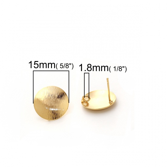 Picture of Brass Ear Post Stud Earrings 18K Real Gold Plated Round W/ Loop Drawbench 15mm( 5/8") Dia., Post/ Wire Size: (20 gauge), 4 PCs