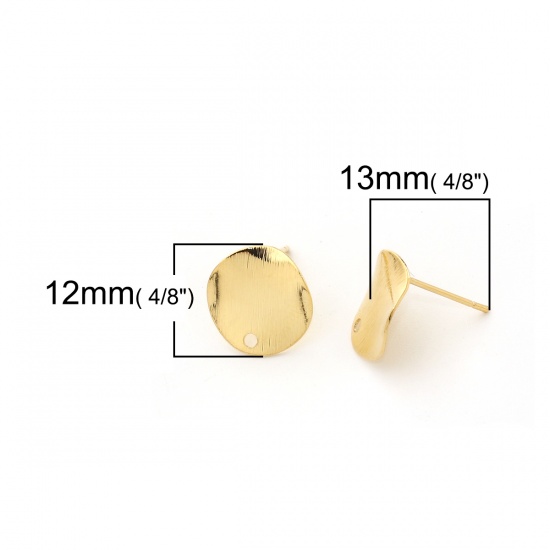 Picture of Brass Ear Post Stud Earrings 18K Real Gold Plated Round Wave Drawbench 12mm( 4/8") Dia., Post/ Wire Size: (20 gauge), 8 PCs