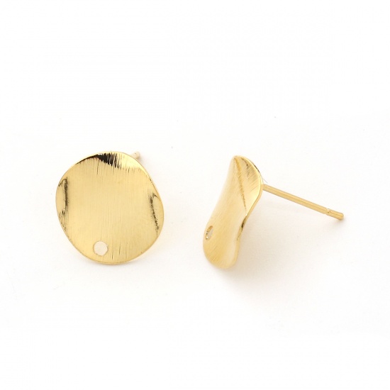 Picture of Brass Ear Post Stud Earrings 18K Real Gold Plated Round Wave Drawbench 12mm( 4/8") Dia., Post/ Wire Size: (20 gauge), 8 PCs