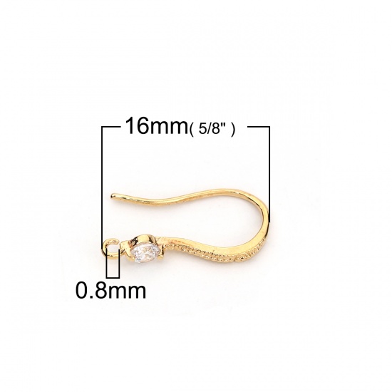 Picture of Brass Ear Wire Hooks Earring Findings 18K Real Gold Plated W/ Loop Clear Rhinestone 16mm( 5/8") x 3mm( 1/8"), Post/ Wire Size: (20 gauge), 4 PCs