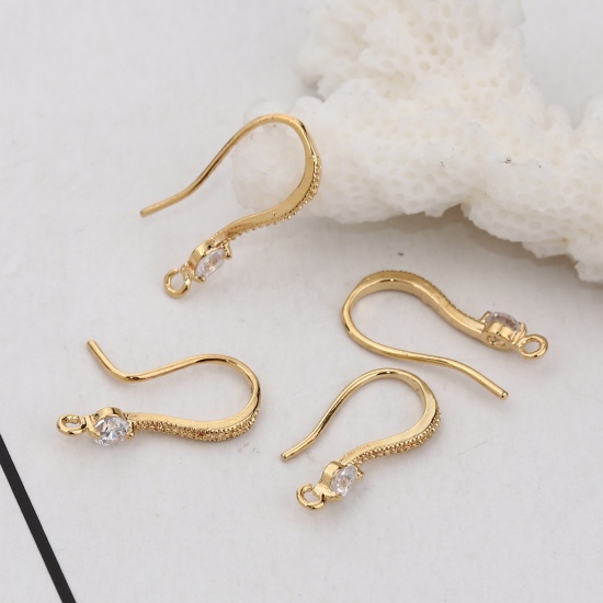 Picture of Brass Ear Wire Hooks Earring Findings 18K Real Gold Plated W/ Loop Clear Rhinestone 16mm( 5/8") x 3mm( 1/8"), Post/ Wire Size: (20 gauge), 4 PCs