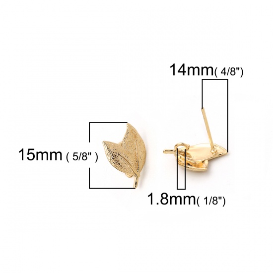 Image de Boucles d'Oreilles Puces en Laiton Plaqué Or Véritable Feuille Amas Stellaire 15mm x 11mm, Epaisseur de Fil: (20 gauge), 4 Pcs