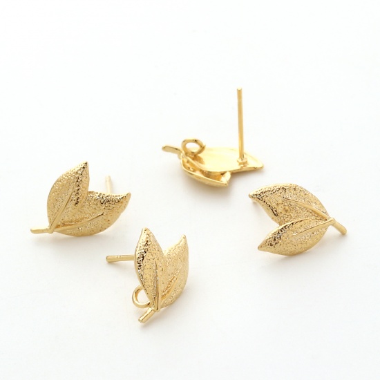 Image de Boucles d'Oreilles Puces en Laiton Plaqué Or Véritable Feuille Amas Stellaire 15mm x 11mm, Epaisseur de Fil: (20 gauge), 4 Pcs