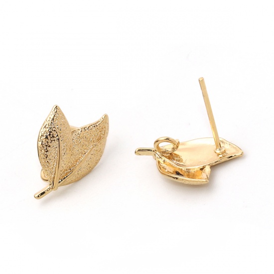 Image de Boucles d'Oreilles Puces en Laiton Plaqué Or Véritable Feuille Amas Stellaire 15mm x 11mm, Epaisseur de Fil: (20 gauge), 4 Pcs