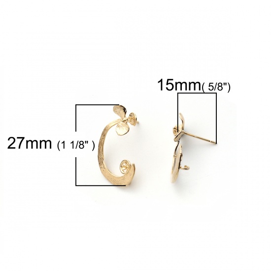 Picture of Brass Ear Post Stud Earrings 18K Real Gold Plated Arc Flower W/ Loop 27mm(1 1/8") x 18mm( 6/8"), Post/ Wire Size: (20 gauge), 2 PCs