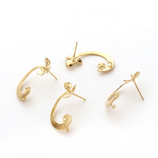 Picture of Brass Ear Post Stud Earrings 18K Real Gold Plated Arc Flower W/ Loop 27mm(1 1/8") x 18mm( 6/8"), Post/ Wire Size: (20 gauge), 2 PCs