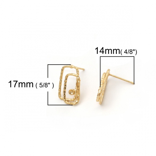 Immagine di Ottone Orecchini a Perno Vero Oro Placcato Rettangolo Anello (Addetti ss6 Strass) 17mm x 10mm, Dimensione di Posta / Cavo: (21 misura), 4 Pz