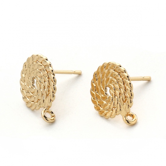 Picture of Brass Ear Post Stud Earrings 18K Real Gold Plated Round Spiral 15mm( 5/8") x 12mm( 4/8"), Post/ Wire Size: (20 gauge), 4 PCs