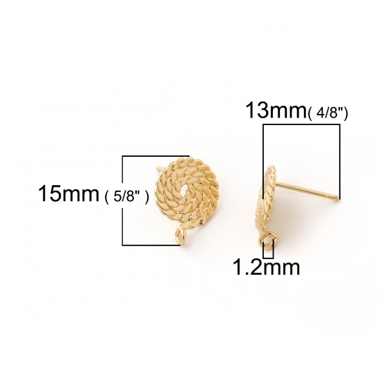 Picture of Brass Ear Post Stud Earrings 18K Real Gold Plated Round Spiral 15mm( 5/8") x 12mm( 4/8"), Post/ Wire Size: (20 gauge), 4 PCs