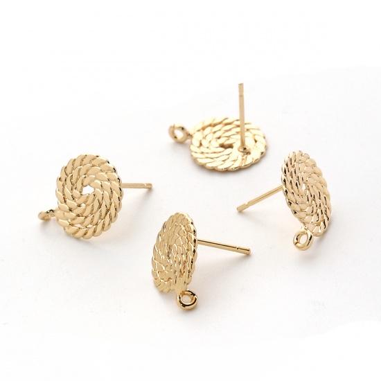 Picture of Brass Ear Post Stud Earrings 18K Real Gold Plated Round Spiral 15mm( 5/8") x 12mm( 4/8"), Post/ Wire Size: (20 gauge), 4 PCs