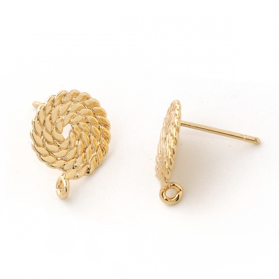 Picture of Brass Ear Post Stud Earrings 18K Real Gold Plated Round Spiral 15mm( 5/8") x 12mm( 4/8"), Post/ Wire Size: (20 gauge), 4 PCs