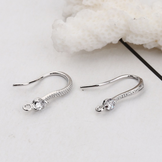 Picture of Brass Ear Wire Hooks Earring Findings Real Platinum Plated W/ Loop Clear Rhinestone 16mm( 5/8") x 3mm( 1/8"), Post/ Wire Size: (20 gauge), 4 PCs