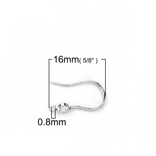 Picture of Brass Ear Wire Hooks Earring Findings Real Platinum Plated W/ Loop Clear Rhinestone 16mm( 5/8") x 3mm( 1/8"), Post/ Wire Size: (20 gauge), 4 PCs