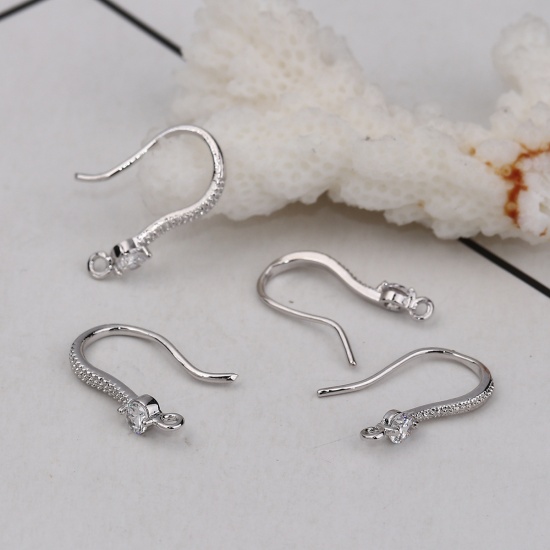 Picture of Brass Ear Wire Hooks Earring Findings Real Platinum Plated W/ Loop Clear Rhinestone 16mm( 5/8") x 3mm( 1/8"), Post/ Wire Size: (20 gauge), 4 PCs