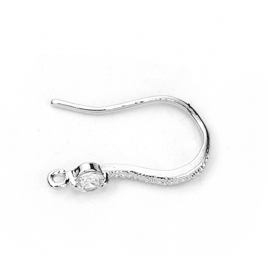 Picture of Brass Ear Wire Hooks Earring Findings Real Platinum Plated W/ Loop Clear Rhinestone 16mm( 5/8") x 3mm( 1/8"), Post/ Wire Size: (20 gauge), 4 PCs