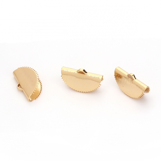 Picture of Brass Cord Ribbon Crimp End Fan-shaped 18K Real Gold Plated 20mm( 6/8") x 12mm( 4/8"), 5 PCs                                                                                                                                                                  