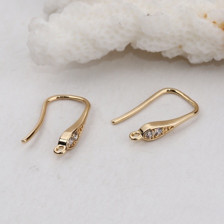 Brass Ear Wire Hooks Earring Findings 18K Real Gold Plated W/ Loop Clear Rhinestone 17mm( 5/8") x 3mm( 1/8"), Post/ Wire Size: (19 gauge), 2 PCs