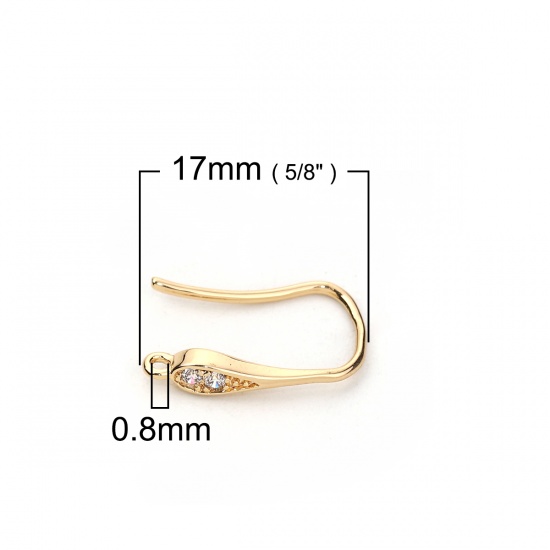 Picture of Brass Ear Wire Hooks Earring Findings 18K Real Gold Plated W/ Loop Clear Rhinestone 17mm( 5/8") x 3mm( 1/8"), Post/ Wire Size: (19 gauge), 2 PCs                                                                                                              