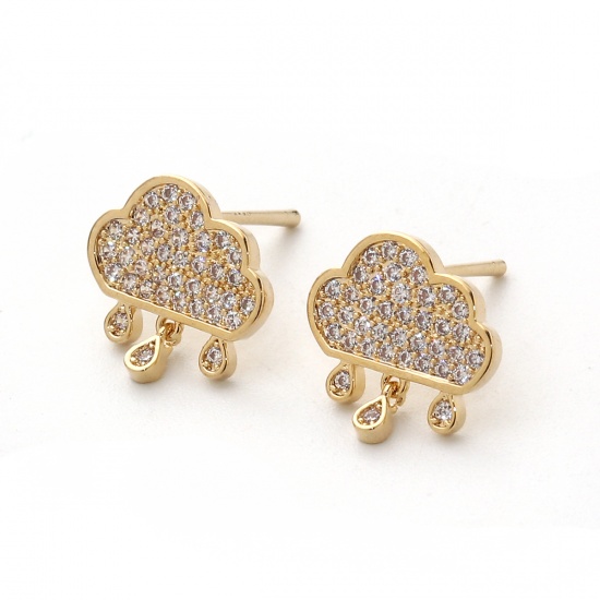 Picture of Brass Ear Post Stud Earrings 18K Real Gold Plated Cloud Clear Rhinestone 13mm( 4/8") x 13mm( 4/8"), Post/ Wire Size: (20 gauge), 2 PCs