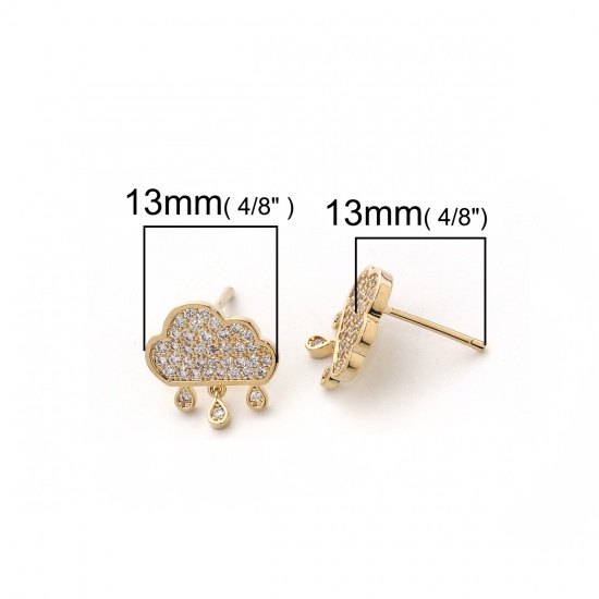 Picture of Brass Ear Post Stud Earrings 18K Real Gold Plated Cloud Clear Rhinestone 13mm( 4/8") x 13mm( 4/8"), Post/ Wire Size: (20 gauge), 2 PCs