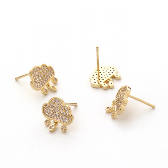 Picture of Brass Ear Post Stud Earrings 18K Real Gold Plated Cloud Clear Rhinestone 13mm( 4/8") x 13mm( 4/8"), Post/ Wire Size: (20 gauge), 2 PCs