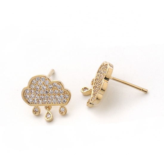 Picture of Brass Ear Post Stud Earrings 18K Real Gold Plated Cloud Clear Rhinestone 13mm( 4/8") x 13mm( 4/8"), Post/ Wire Size: (20 gauge), 2 PCs