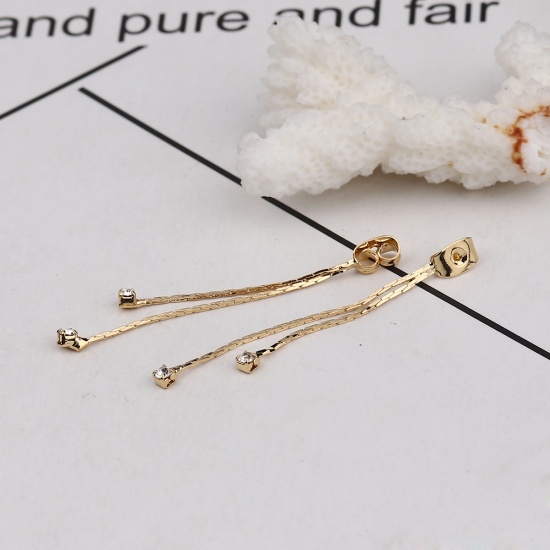 Picture of Brass Ear Nuts Post Stopper Earring Findings 18K Real Gold Plated Tassel Clear Rhinestone 47mm(1 7/8") x 4mm( 1/8"), 4 PCs                                                                                                                                    