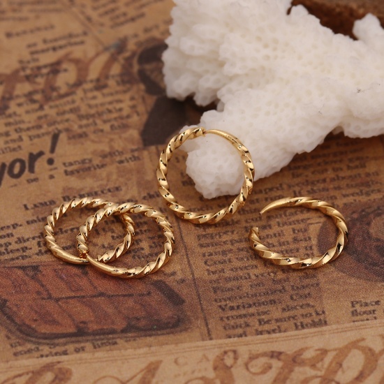 Picture of Brass Hoop Earrings 18K Real Gold Plated Circle Ring Spiral 12mm( 4/8") Dia. - 11mm( 3/8") Dia., Post/ Wire Size: (20 gauge), 10 PCs