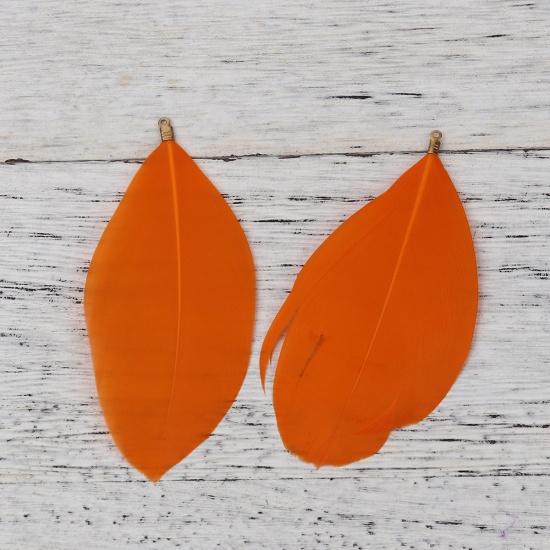 Picture of Natural Feather Pendants Orange 9.3cm x4.5cm(3 5/8" x1 6/8") - 8.5cm x3.7cm(3 3/8" x1 4/8"), 20 PCs
