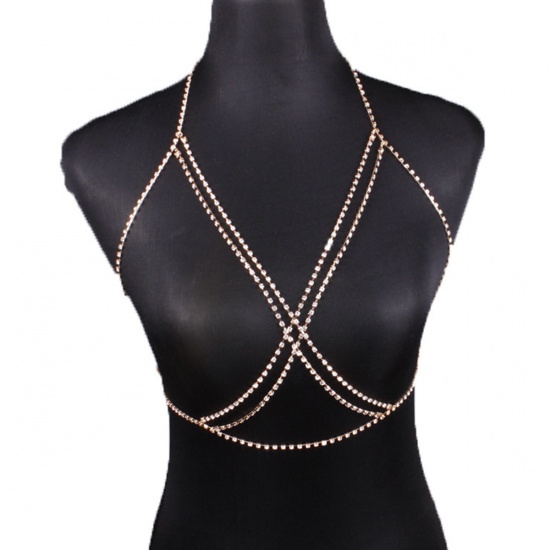 Picture of Body Chain Necklace Gold Plated Clear Rhinestone 80cm(31 4/8") long, 88.5cm(34 7/8") long, 1 Piece