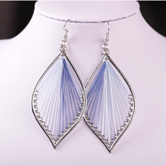 Picture of Boho Chic Handmade String - Thread Earrings Silver Tone Blue Leaf (Can Hold ss12 Pointed Back Rhinestone) 90mm(3 4/8") x 37mm(1 4/8"), Post/ Wire Size: (21 gauge), 1 Pair