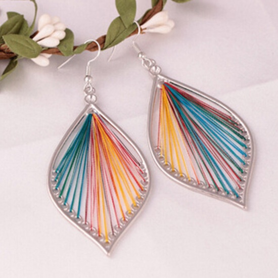 Picture of Boho Chic Handmade String - Thread Earrings Silver Tone Multicolor Leaf (Can Hold ss12 Pointed Back Rhinestone) 90mm(3 4/8") x 37mm(1 4/8"), Post/ Wire Size: (21 gauge), 1 Pair