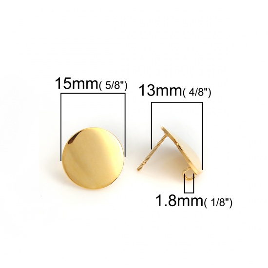 Picture of Brass Ear Post Stud Earrings 18K Real Gold Plated Round W/ Loop 15mm( 5/8") Dia., Post/ Wire Size: (20 gauge), 4 PCs                                                                                                                                          