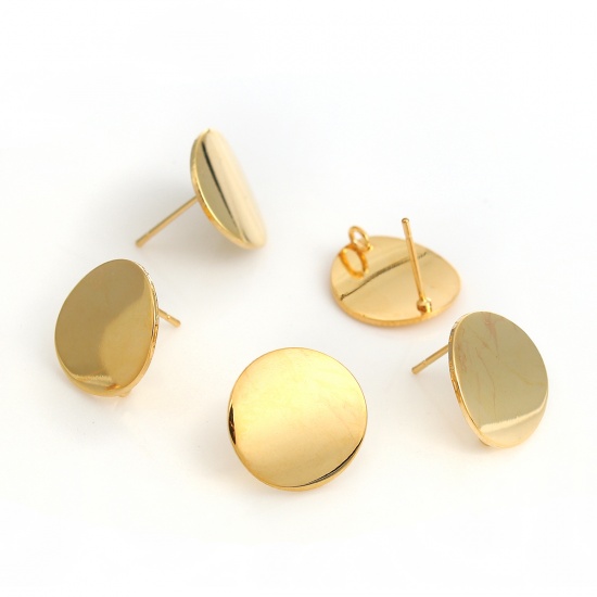 Picture of Brass Ear Post Stud Earrings 18K Real Gold Plated Round W/ Loop 15mm( 5/8") Dia., Post/ Wire Size: (20 gauge), 4 PCs                                                                                                                                          