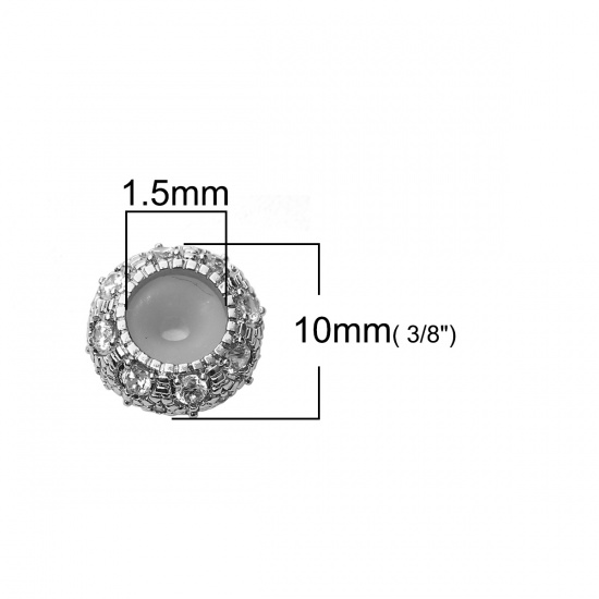 Picture of Brass & Cubic Zirconia Slider Clasp Beads Round Silver Tone Clear Rhinestone With Adjustable Silicone Core 10mm Dia., Hole: 1.5mm, 1 Piece                                                                                                                    