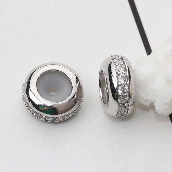 Bild von Messing & Kubisch Zirkonia Slider Verschluss-Perlen Rund Silberfarbe Transparent Strass Mit Verstellbarem Silikonkern 10mm D., Loch: 1.5mm, 2 Stück                                                                                                           