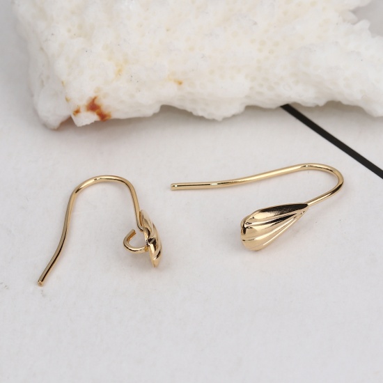 Picture of Brass Ear Wire Hooks Earring Findings 18K Real Gold Plated Shell W/ Loop 18mm( 6/8") x 5mm( 2/8"), Post/ Wire Size: (20 gauge), 10 PCs                                                                                                                        