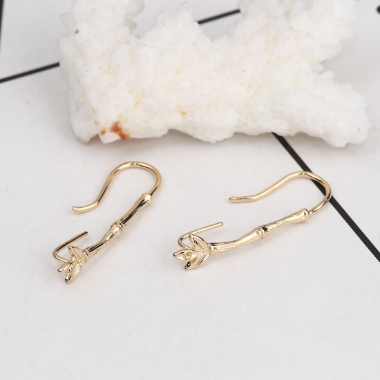 Picture of Brass Ear Wire Hooks Earring Findings 18K Real Gold Plated Bamboo-shaped W/ Open Loop (Can Hold ss5 Pointed Back Rhinestone) 29mm x6mm(1 1/8" x 2/8") - 27mm x6mm(1 1/8" x 2/8")), Post/ Wire Size: (19 gauge), 4 PCs