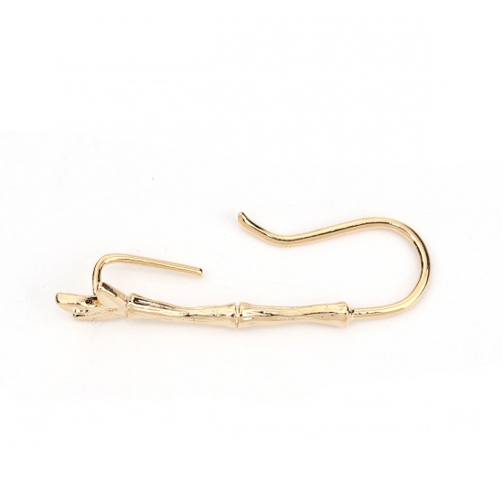 Picture of Brass Ear Wire Hooks Earring Findings 18K Real Gold Plated Bamboo-shaped W/ Open Loop (Can Hold ss5 Pointed Back Rhinestone) 29mm x6mm(1 1/8" x 2/8") - 27mm x6mm(1 1/8" x 2/8")), Post/ Wire Size: (19 gauge), 4 PCs