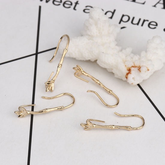 Picture of Brass Ear Wire Hooks Earring Findings 18K Real Gold Plated Bamboo-shaped W/ Open Loop (Can Hold ss5 Pointed Back Rhinestone) 29mm x6mm(1 1/8" x 2/8") - 27mm x6mm(1 1/8" x 2/8")), Post/ Wire Size: (19 gauge), 4 PCs