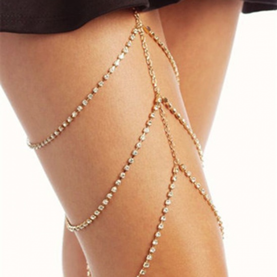 Picture of Body Leg Bracelet Chain Necklace Gold Plated Clear Rhinestone 54cm(21 2/8") long, 50cm(19 5/8") long, 1 Piece