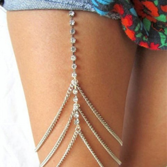 Body Leg Bracelet Chain Necklace Silver Tone Clear Rhinestone 43cm(16 7/8") long, 45cm(17 6/8") long, 1 Piece の画像